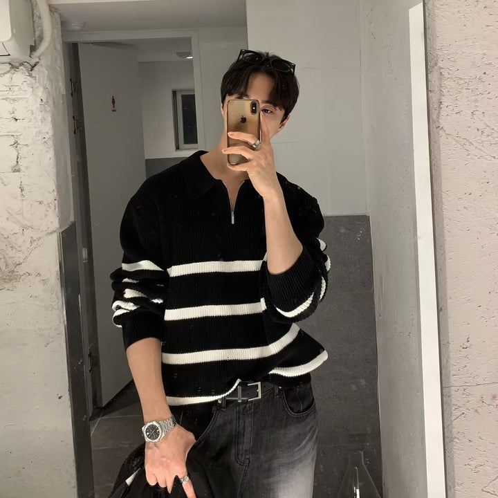 Męska Modny Krótka Rękaw Sweter z Stripes