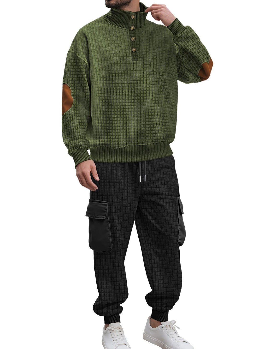 Męska kratka relief sweat set z stójka Listwa guzikowa, welur elbow patches i cargo jogger