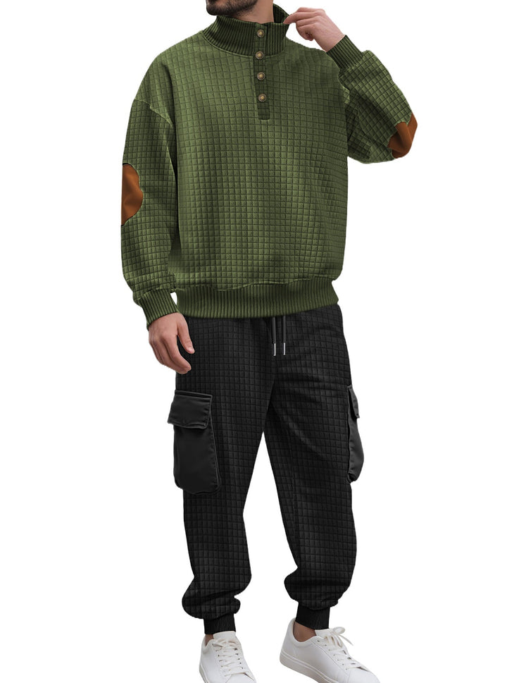 Męska kratka relief sweat set z stójka Listwa guzikowa, welur elbow patches i cargo jogger