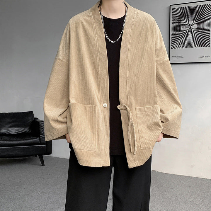 Męska oversize cord kimono kardigan z ściągaczem, naszywanymi kieszeniami i drop rękawy
