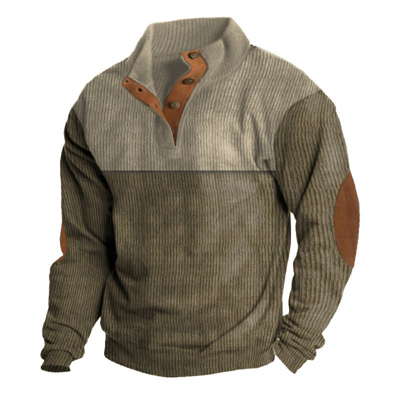 Męska strukturalny rugby sweter z Stójka, Listwa guzikowa, i skóra elbow patches