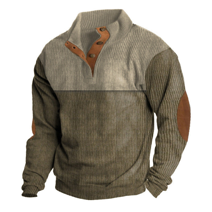 Męska strukturalny rugby sweter z Stójka, Listwa guzikowa, i skóra elbow patches