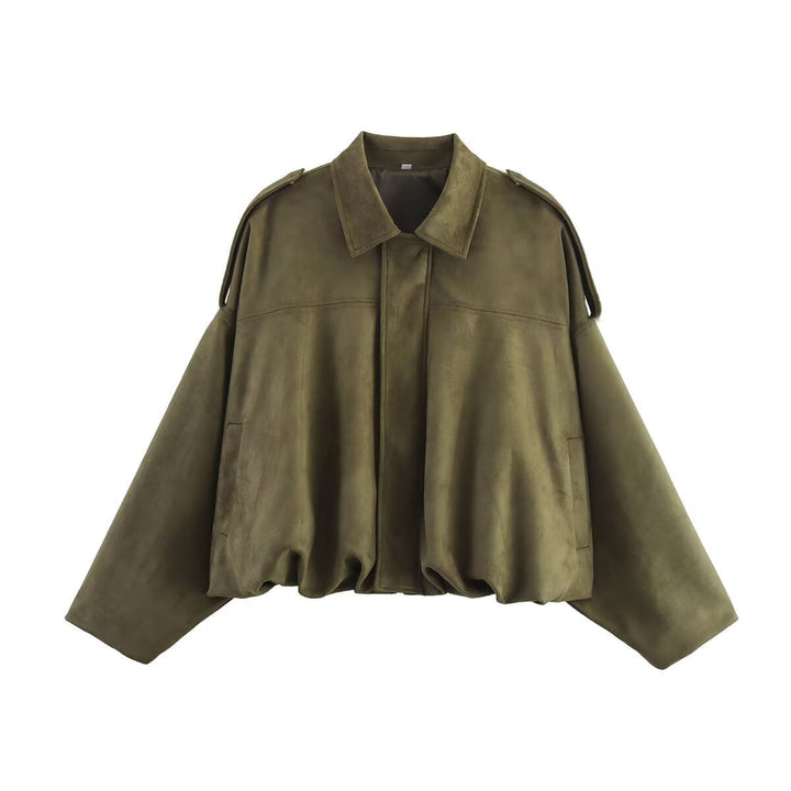 Damska oversize krótka kurtka in Suede Look z Cut-Out Shoulders i ściągaczem dołem Lumaza