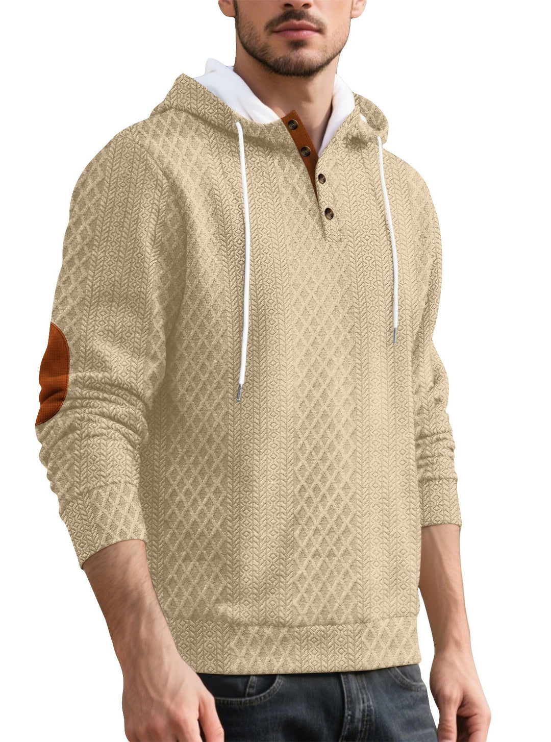 Męska nan diamond structure bluza z kapturem z krótka Listwa guzikowa, pikowana kaptur wewnętrzny edge, i zamsz elbow patch