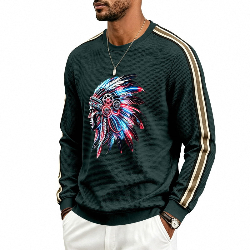Męska bluza z feather headpiece print, waffle structure i contrasting shoulder stripes