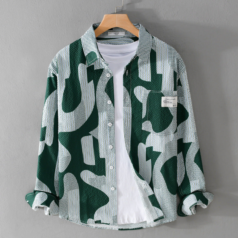 Męski Loose Patterned Bawełna Koszula wierzchnia z Crinkle Structure