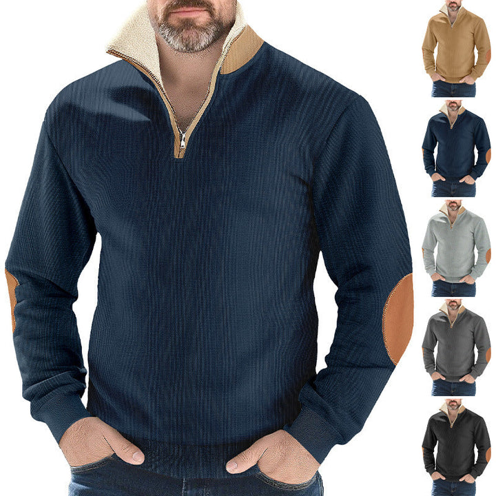 Męska strukturalny dzianina krótki zamek pulower z warming sherpa Kołnierz i welur elbow patches