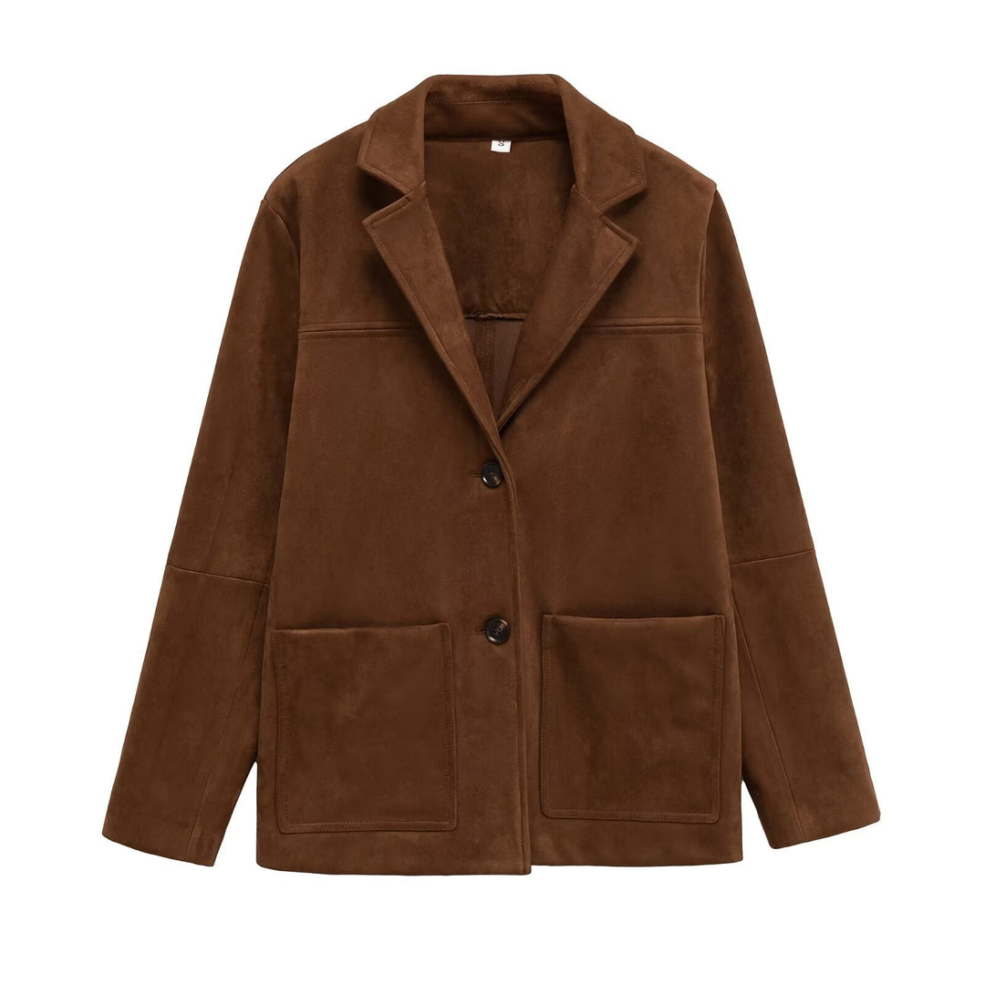 Damskie Krótka Suede-Look Płaszcz z Kołnierz z klapami i Naszywane Kieszenie