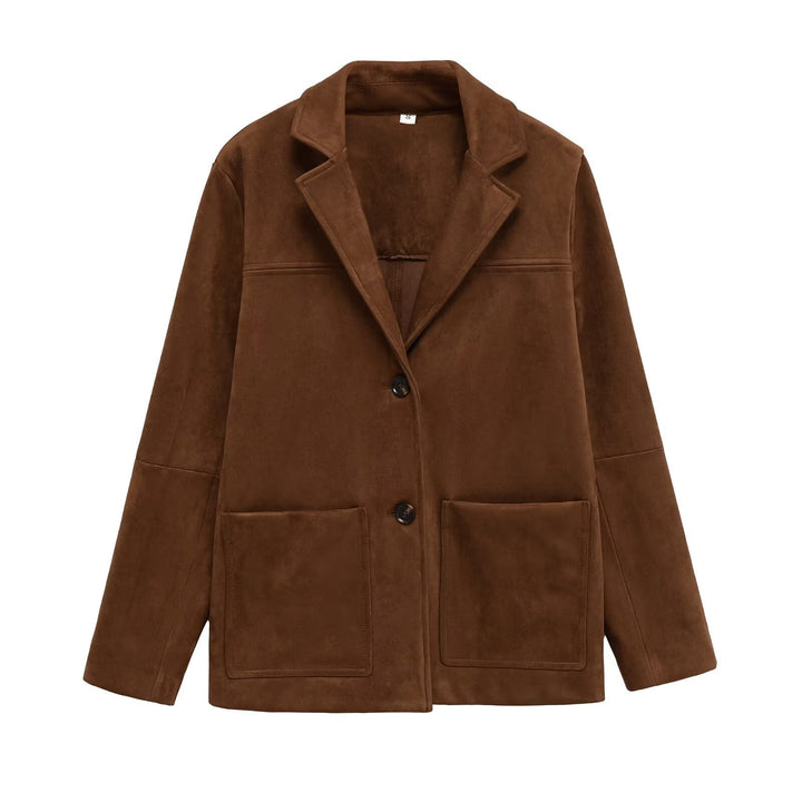 Damskie Krótka Suede-Look Płaszcz z Kołnierz z klapami i Naszywane Kieszenie