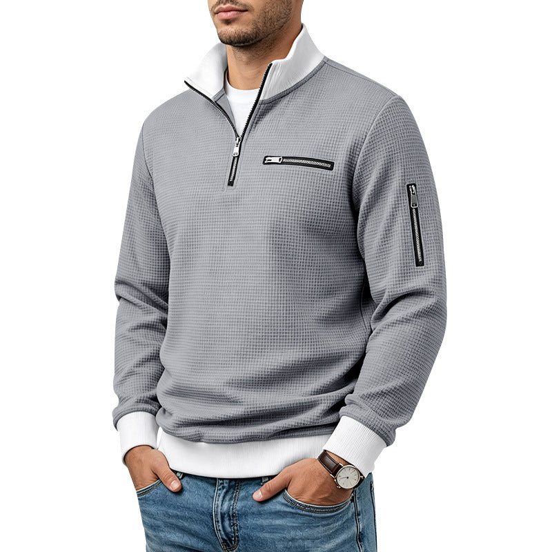 Męska waffle-dzianina turtleneck z kontrastowy Kołnierz, zippered klatka piersiowa kieszeń i arm kieszeń