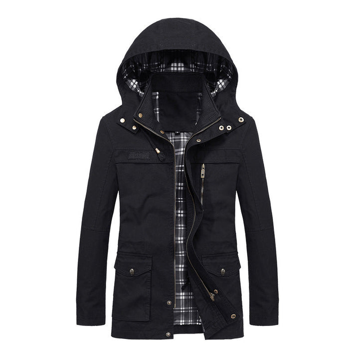 Męski Płótno Field Parka z Kaptur, Checked Podszewka i Multi-function Kieszenie