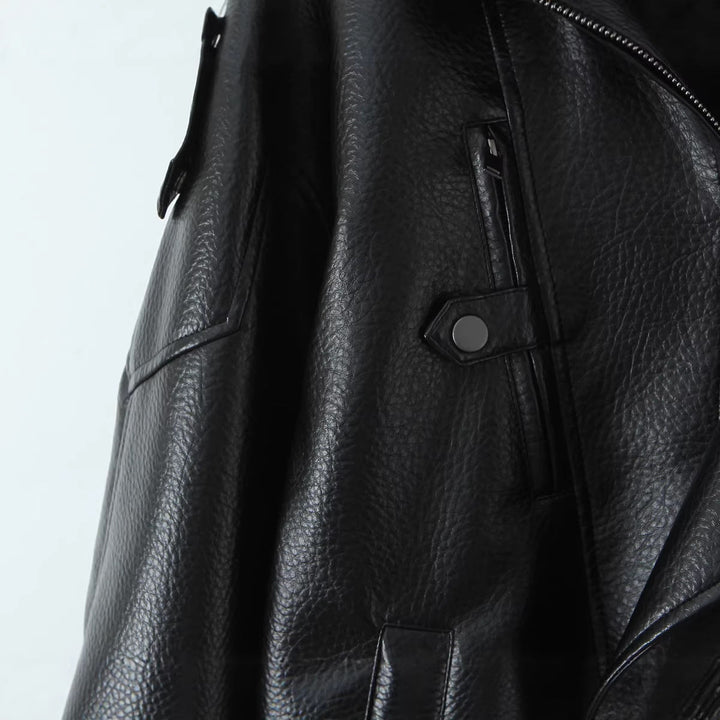 Damska oversize Leather kurtka z Asymmetrical zamkiem błyskawicznym i Wide kołnierzem Lumaza