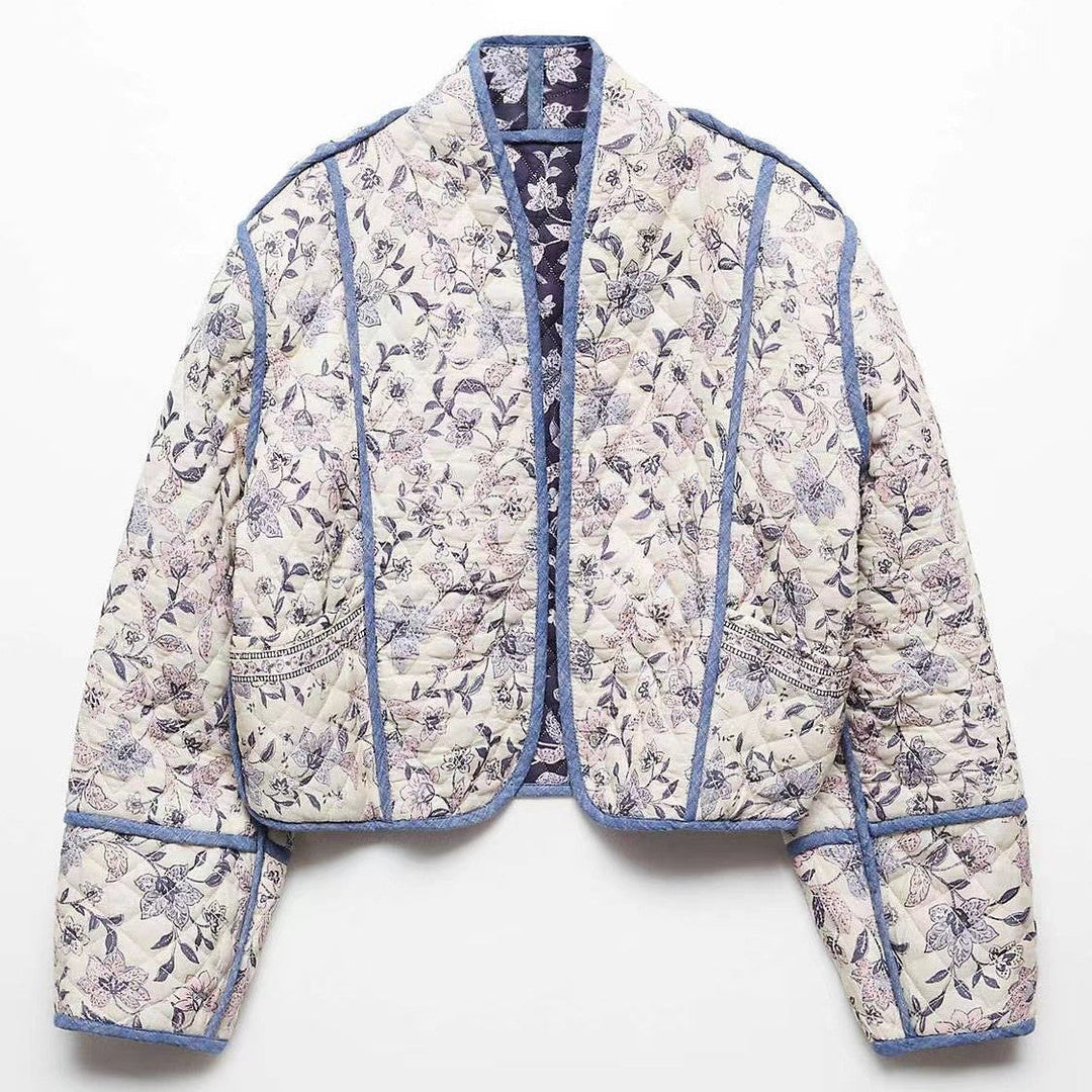 Damska krótka pikowana blouson kurtka z kwiatowa embroidery i contrasting piping Lumaza