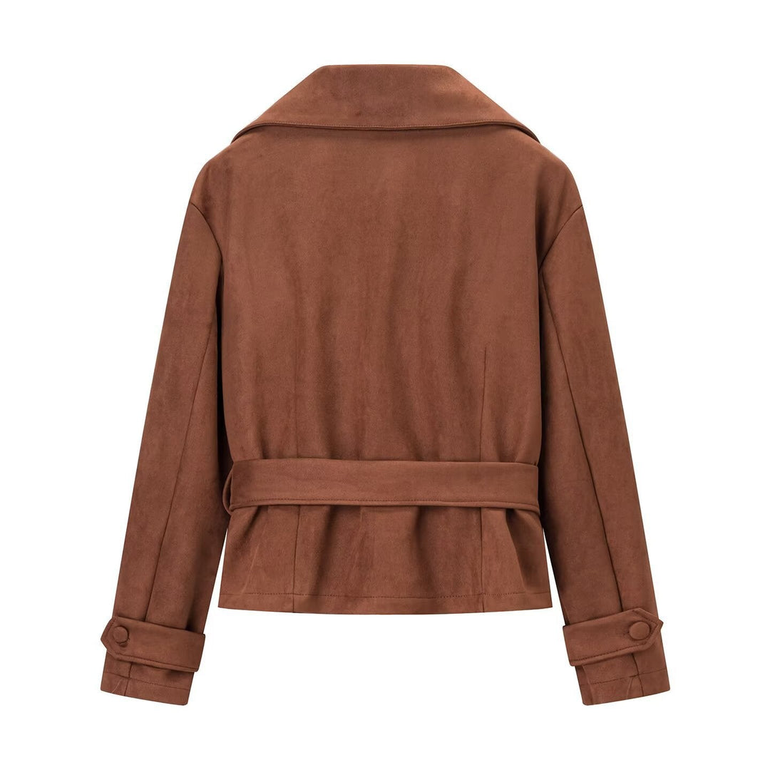 Damska krótka kurtka in suede look z waist paskiem i dużymi lapel Lumaza