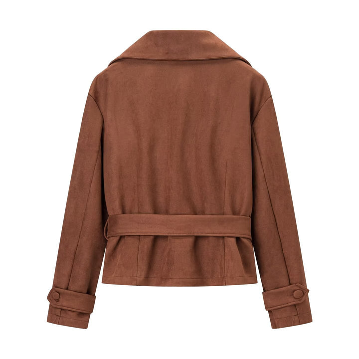 Damska krótka kurtka in suede look z waist paskiem i dużymi lapel Lumaza