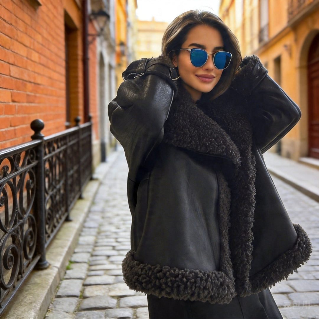 Damska krótka aviator leather kurtka z teddy lining, dużymi kołnierzem, i oversize silhouette Lumaza
