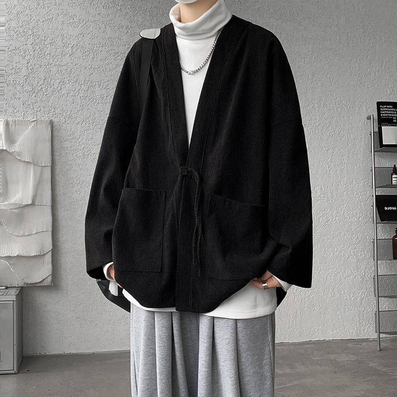Męska oversize cord kimono kardigan z ściągaczem, naszywanymi kieszeniami i drop rękawy