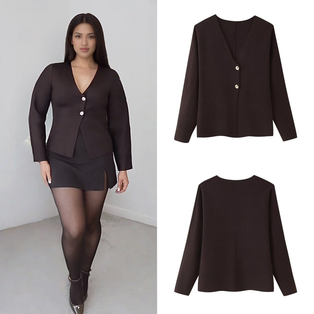 Damska Boxy Delikatna Dzianina Kurtka z Deep V-Neck i Golden Ozdobne guziki