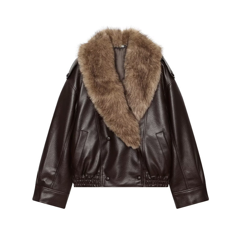 Damska krótka leather kurtka z full fur kołnierzem i elastic dołem Lumaza
