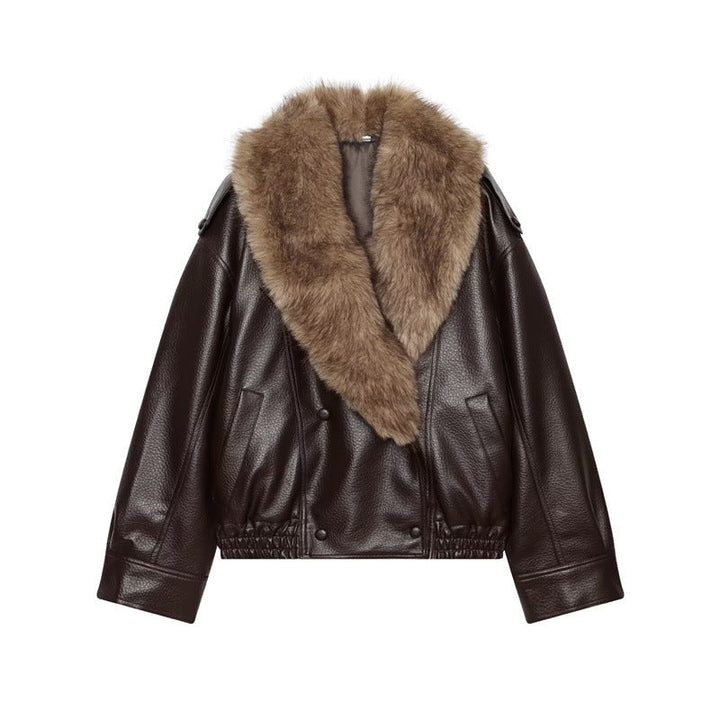 Damska krótka leather kurtka z full fur kołnierzem i elastic dołem Lumaza