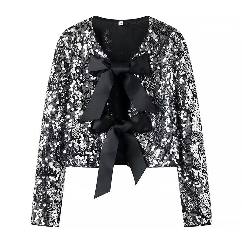 Damska Sequin Bolero kurtka z Decorative satynowa Bows Lumaza