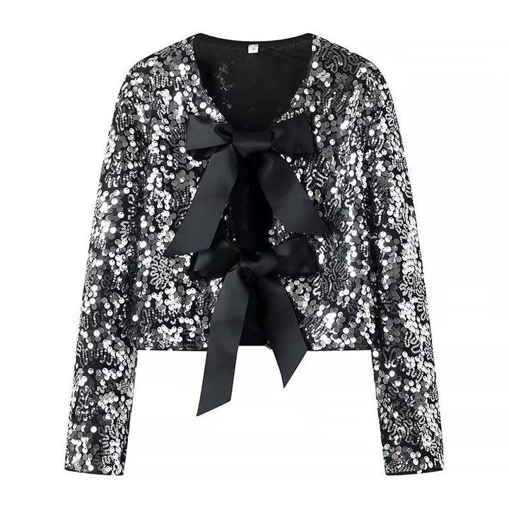 Damska Sequin Bolero kurtka z Decorative satynowa Bows Lumaza