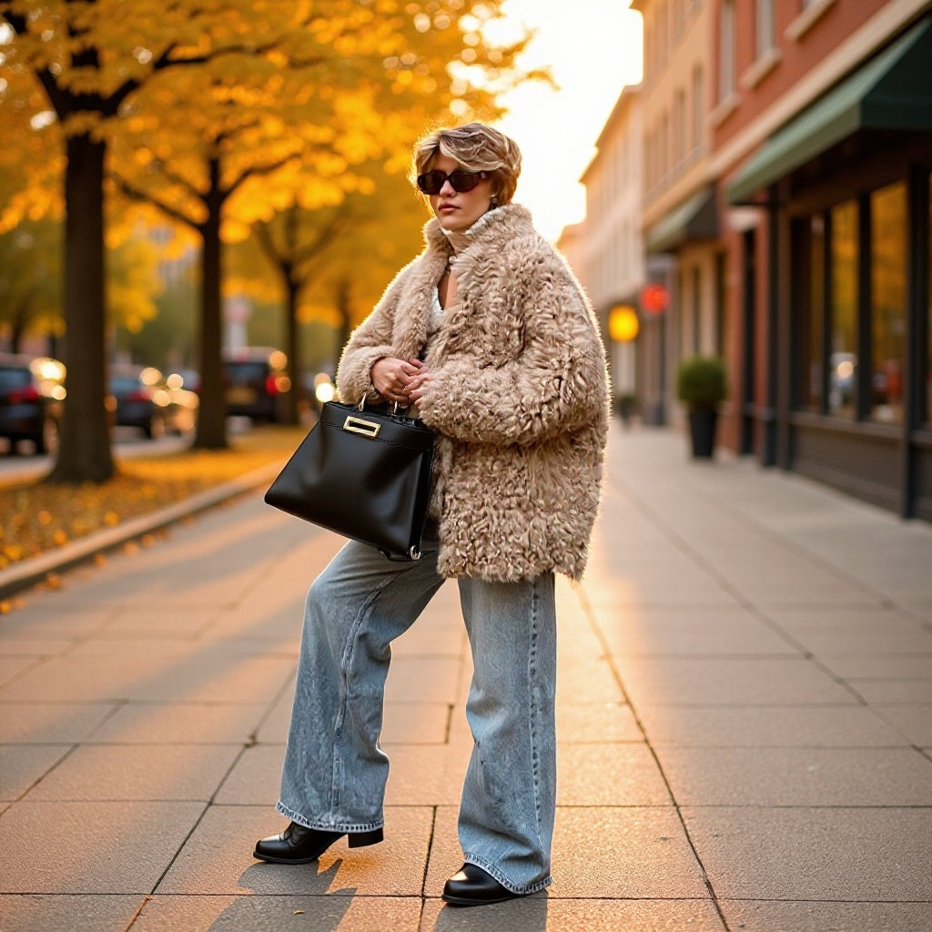 Damska oversize Faux Fur płaszcz wysokim kołnierzem i Teddy Texture Lumaza