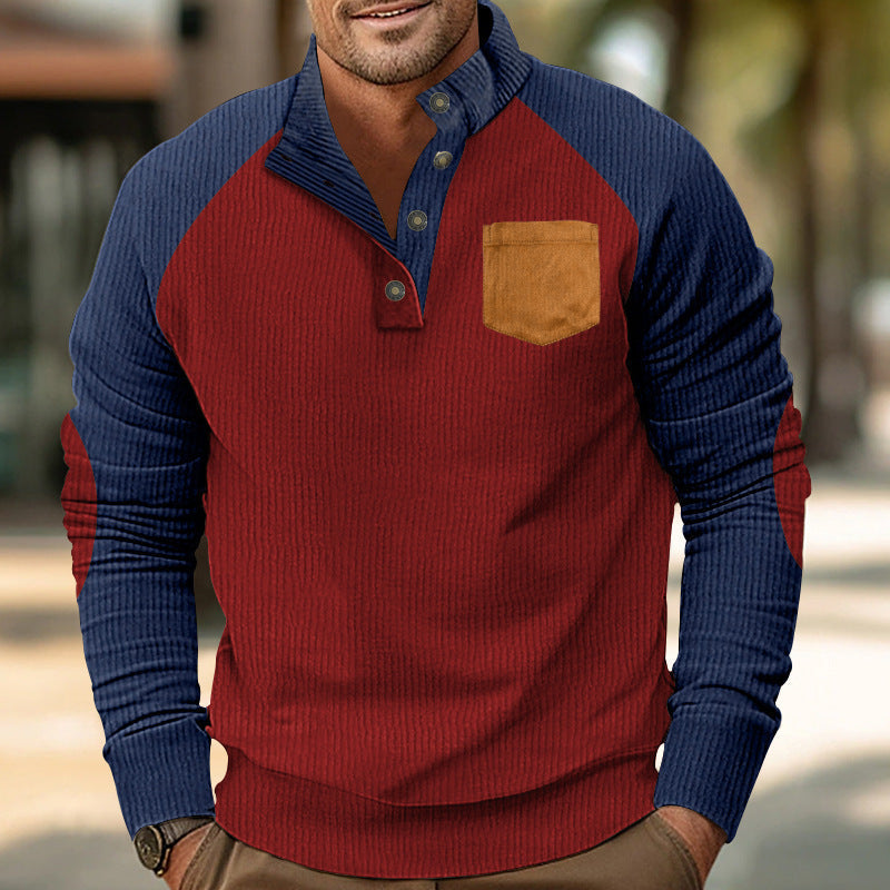 Męska Prążkowany Henley Sweter z Raglanowy Rękawy, Elbow Patches &amp; Klatka piersiowa Kieszeń
