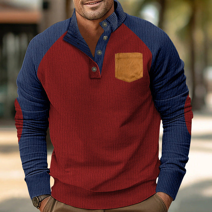 Męska Prążkowany Henley Sweter z Raglanowy Rękawy, Elbow Patches &amp; Klatka piersiowa Kieszeń