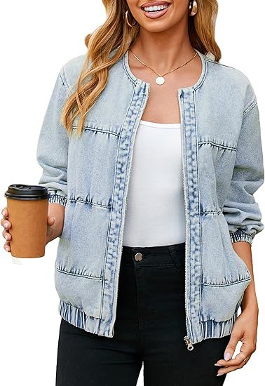Damska bomber-styl denimowa kurtka z round neck, piping seams, i elastic dołem Lumaza