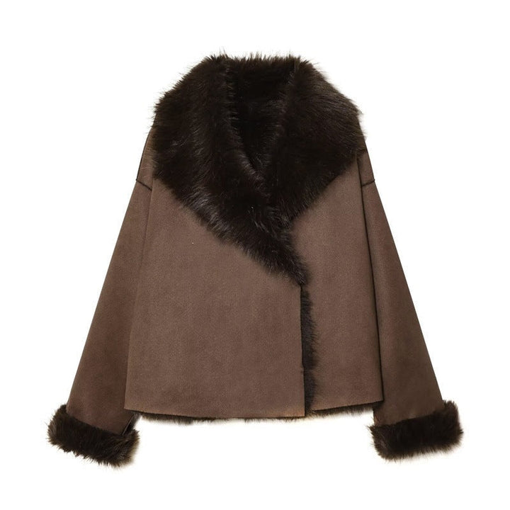 Damskie’s krótka kurtka w lambskin wygląd z voluminous futro Kołnierz i skrócona Rękawy