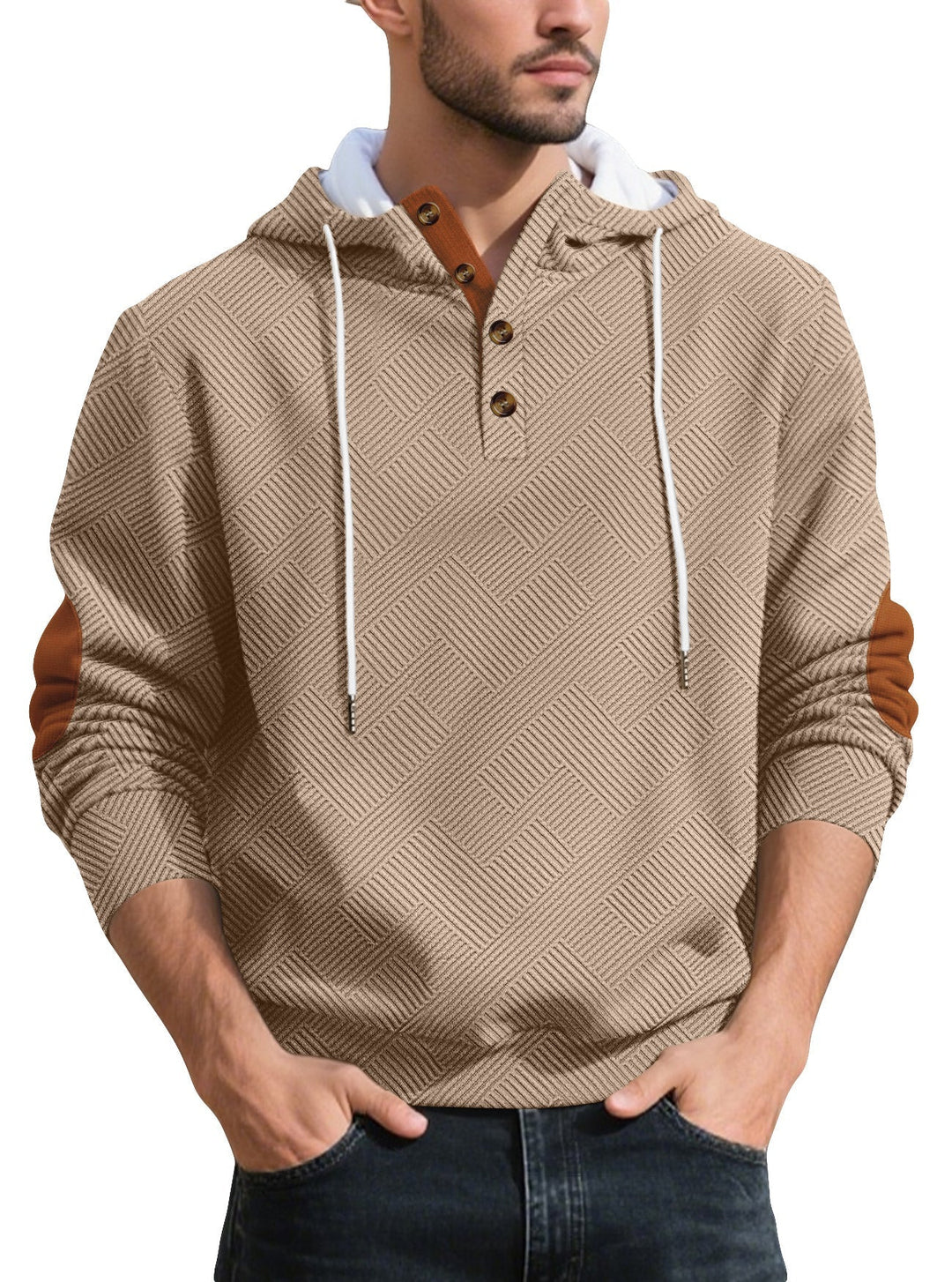 Męska strukturalny bluza z kapturem henley pulower z jacquard tekstura, Listwa guzikowa, i elbow patches