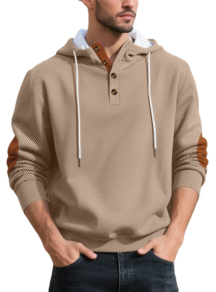 Męska strukturalny bluza z kapturem henley pulower z jacquard tekstura, Listwa guzikowa, i elbow patches