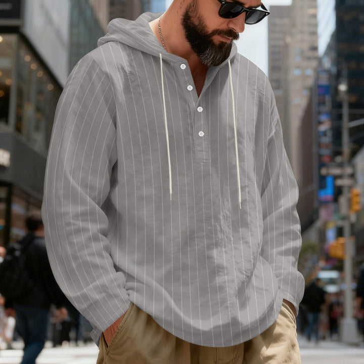 Męska Lekka Bluza z kapturem Henley Koszula z Delikatna Pinstripes