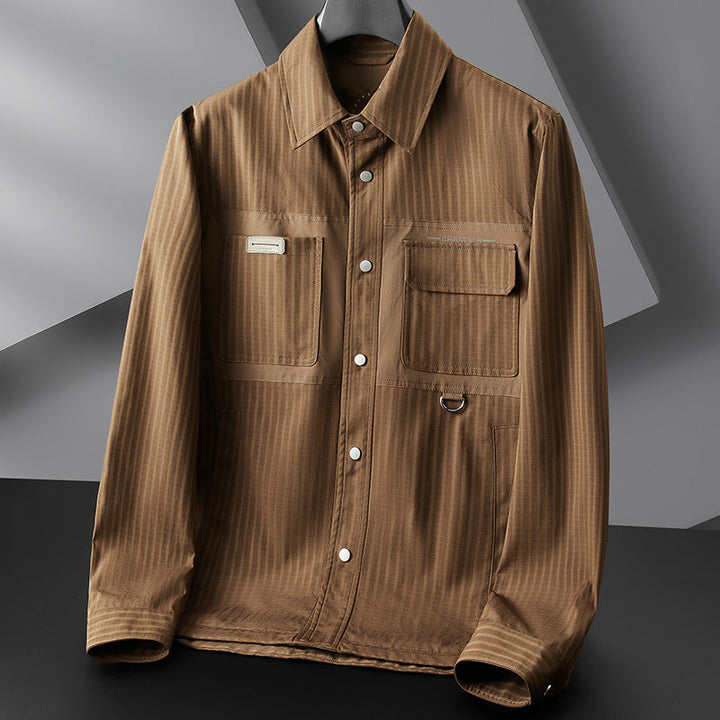 Męski użytkowy przejściowy kurtka w koszula wierzchnia styl z naszywane kieszenie i pinstripe texture