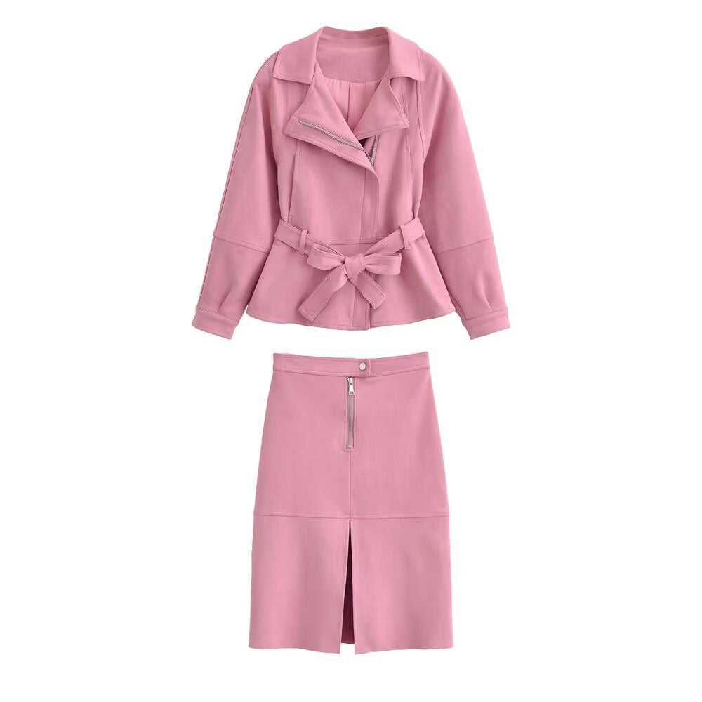 Damska krótka kurtka z belted Talia, asymmetrical lapel, i peplum Dół