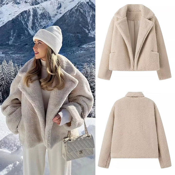 Damska krótka teddy kurtka in lamb fur look z oversize lapel kołnierzem Lumaza