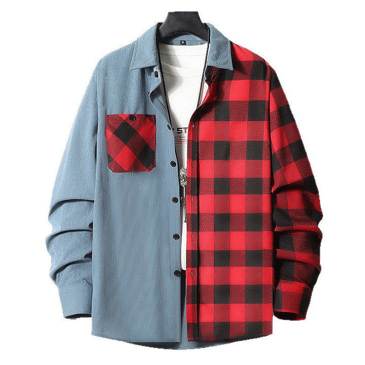 Męski Half-Split Koszula wierzchnia w Lumberjack Check z Kontrastowy Jednolity Side, Kieszeń na piersi, i Continuous Guzik Placket