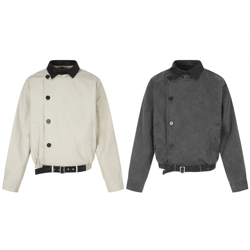 Męska krótki-cut bomberka blouson kurtka w vwtage canvas z skóra kołnierzem i waist belt
