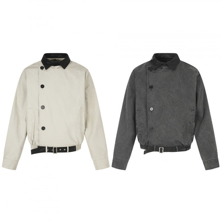 Męska krótki-cut bomberka blouson kurtka w vwtage canvas z skóra kołnierzem i waist belt