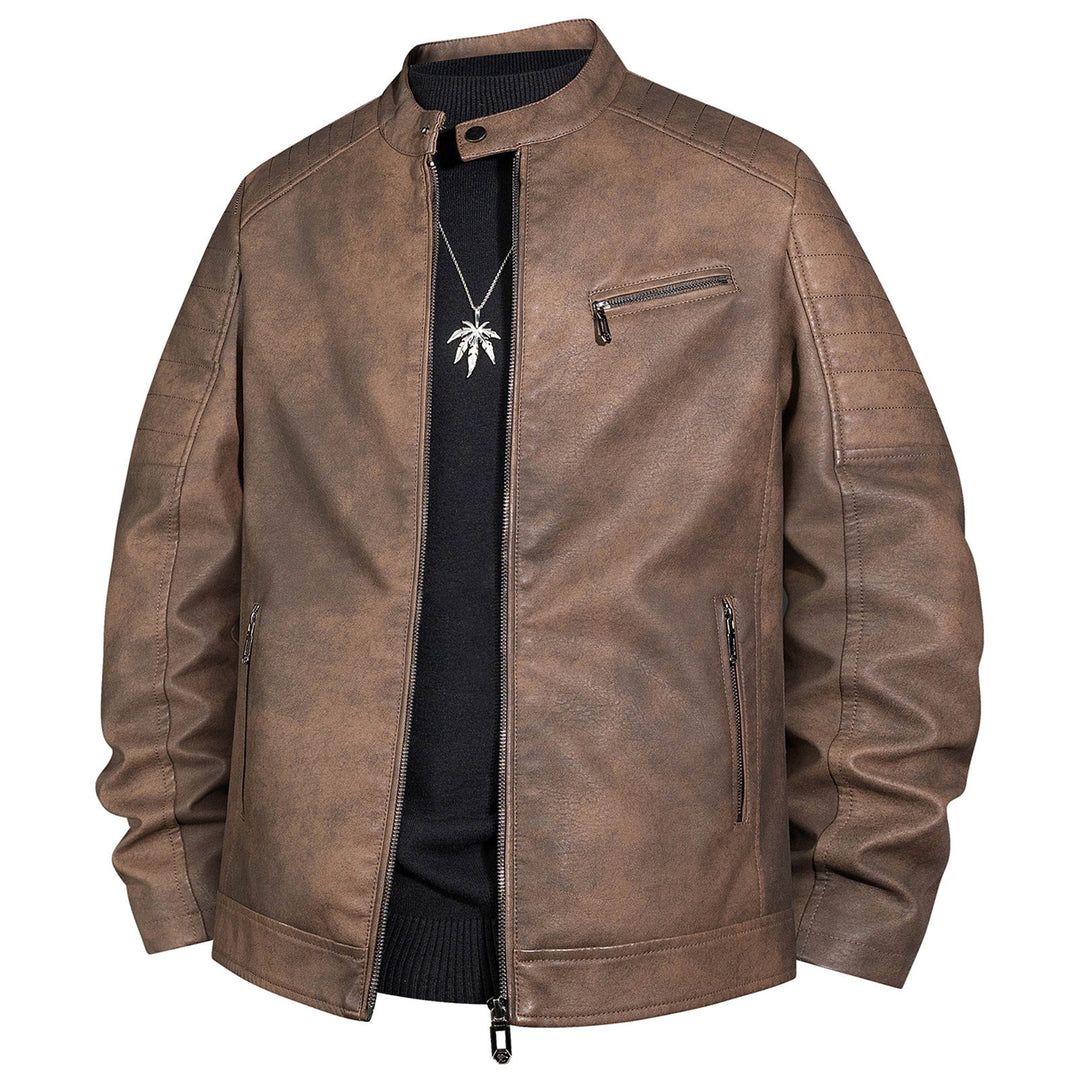Męska biker kurtka z imitacja skóra z stójką i pikowana shoulder