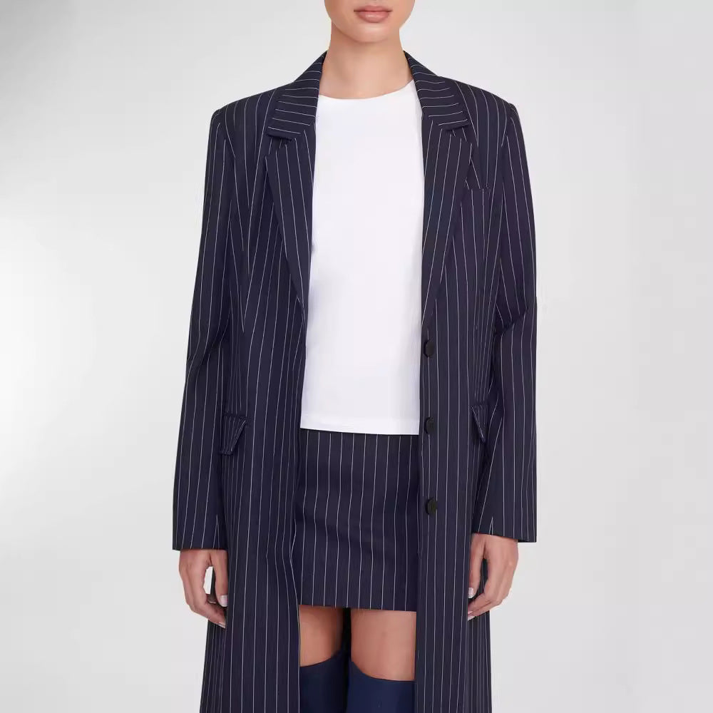 Damska oversize długaline płaszcz in Pinstripe Look z Slit i klapką kieszeniami Lumaza
