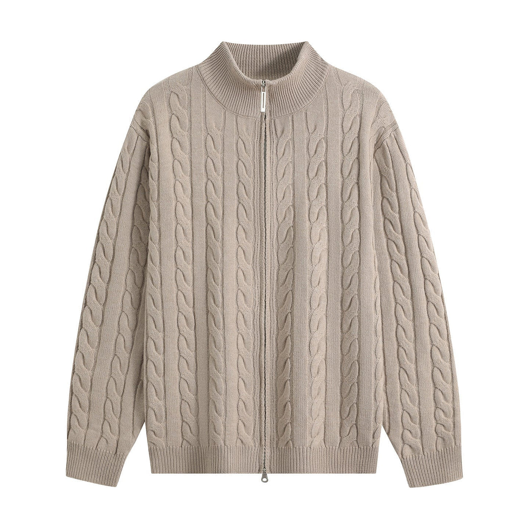 Męska Masywny Dzianina Zip-Up Kardigan z Cable Wzór, Stójka i Oversize Krój
