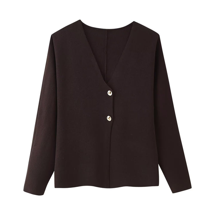 Damska Boxy Delikatna Dzianina Kurtka z Deep V-Neck i Golden Ozdobne guziki