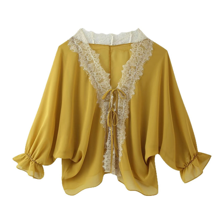 Damska lekka Chiffon kimono z Lace Trim i wiązanym paskiem Lumaza