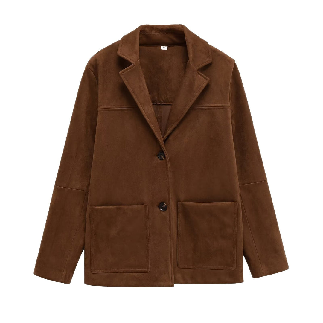 Damskie Krótka Suede-Look Płaszcz z Kołnierz z klapami i Naszywane Kieszenie