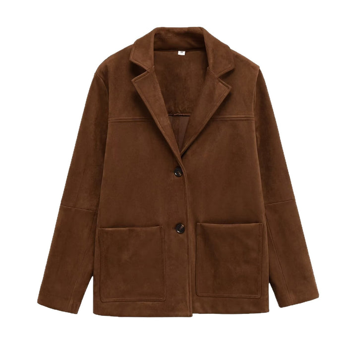 Damskie Krótka Suede-Look Płaszcz z Kołnierz z klapami i Naszywane Kieszenie