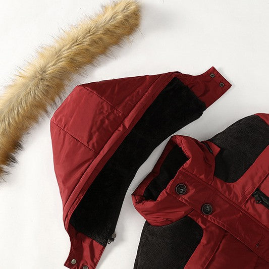 Męski termiczny pikowany parka z kaptur, imitacja futro trim i polar podszewka