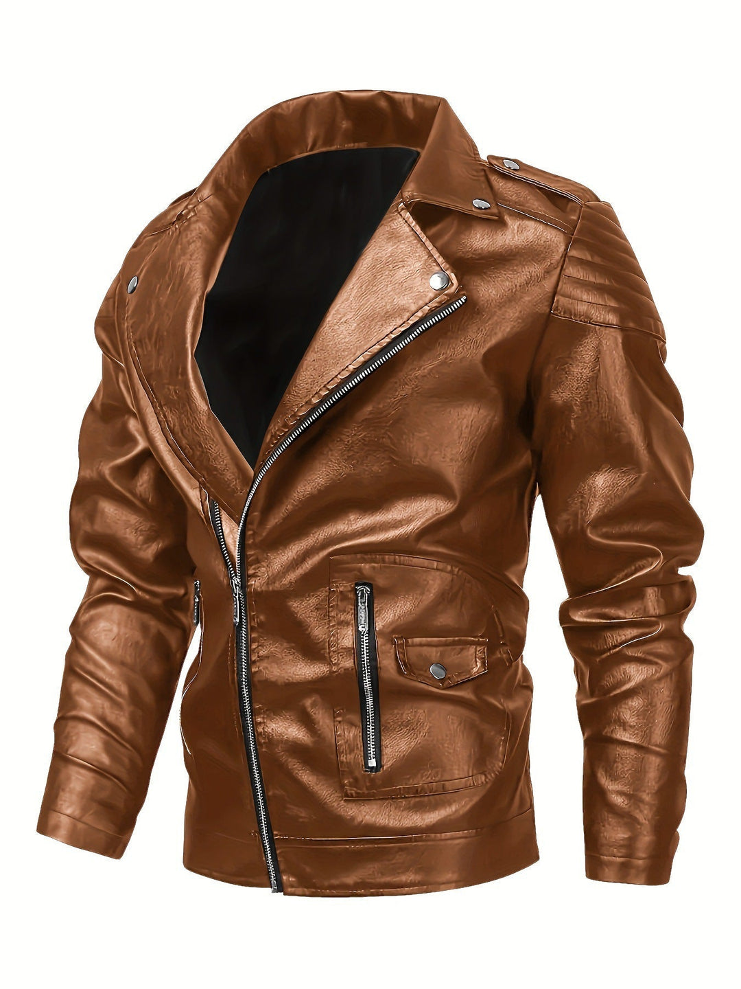 Męski biker kurtka wykonany z imitacja skóry z asymmetrical zamek i ocieplany ramienny inserts