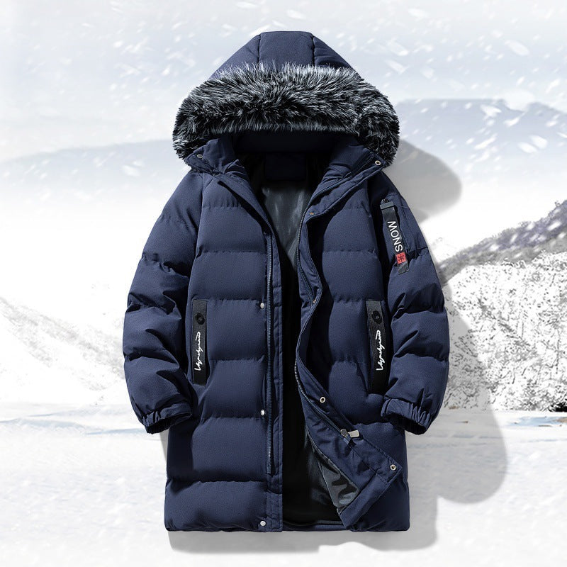 Męska longer pikowana parka z kapturem i imitacja fur trim
